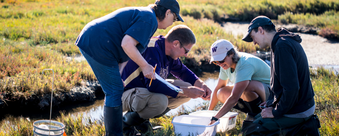 Four crab team members surrounding a bin by the water
