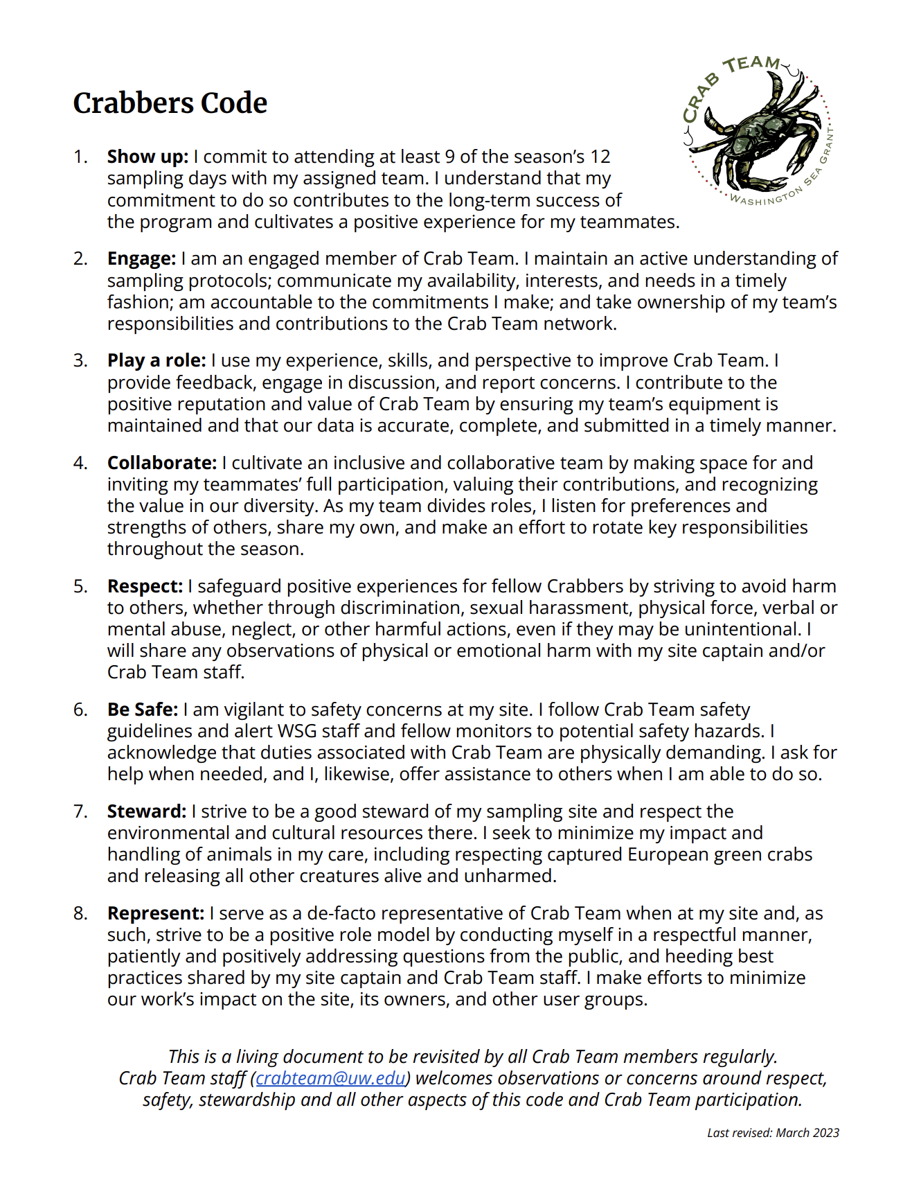 Cover of crabber's code document