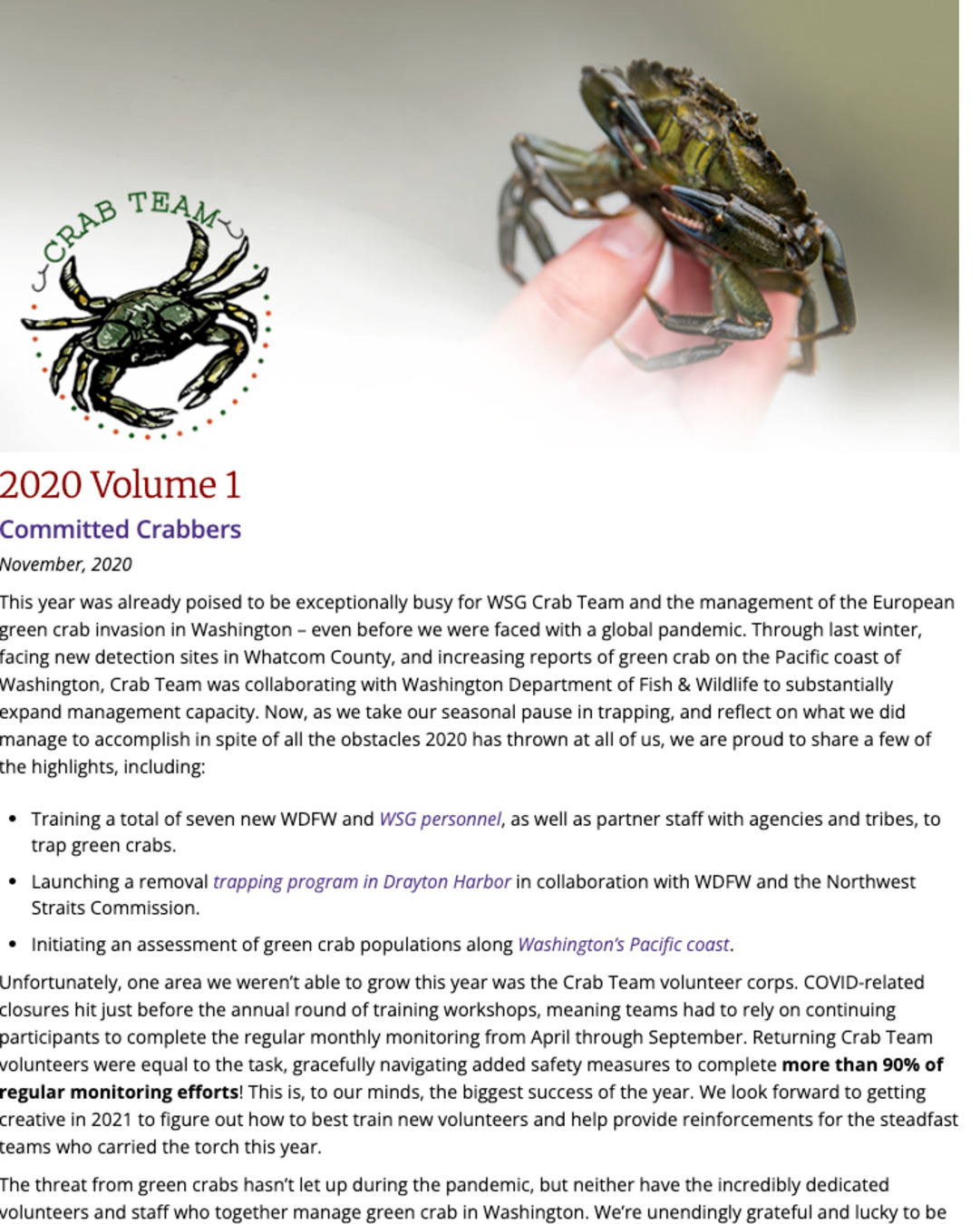 Crab Team Newsletter 2020 cover