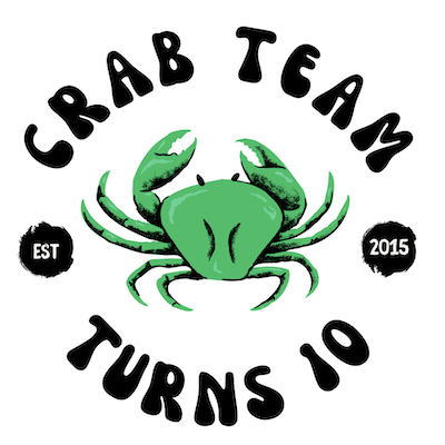 Illustration featuring European Green Crab reading "Crab Team turns 10"
