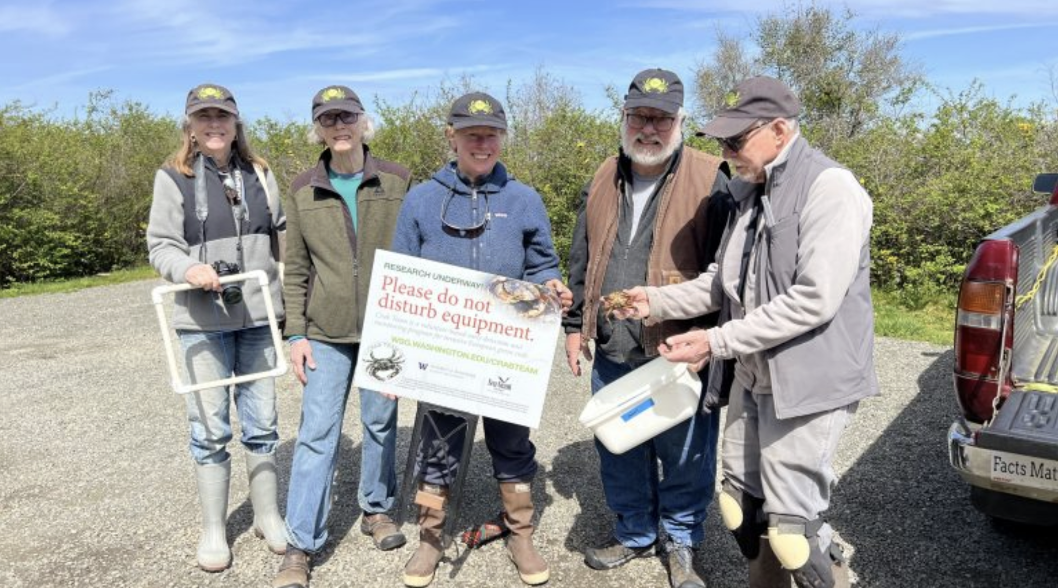 2024GreenCrabStatusSummary_Kala Crab Team volunteers at Kala Spit captured a green crab during monthly monitoring in April – the first at that site since 2018. Photo Courtesy of Kala Crab Team.</p>
<p>