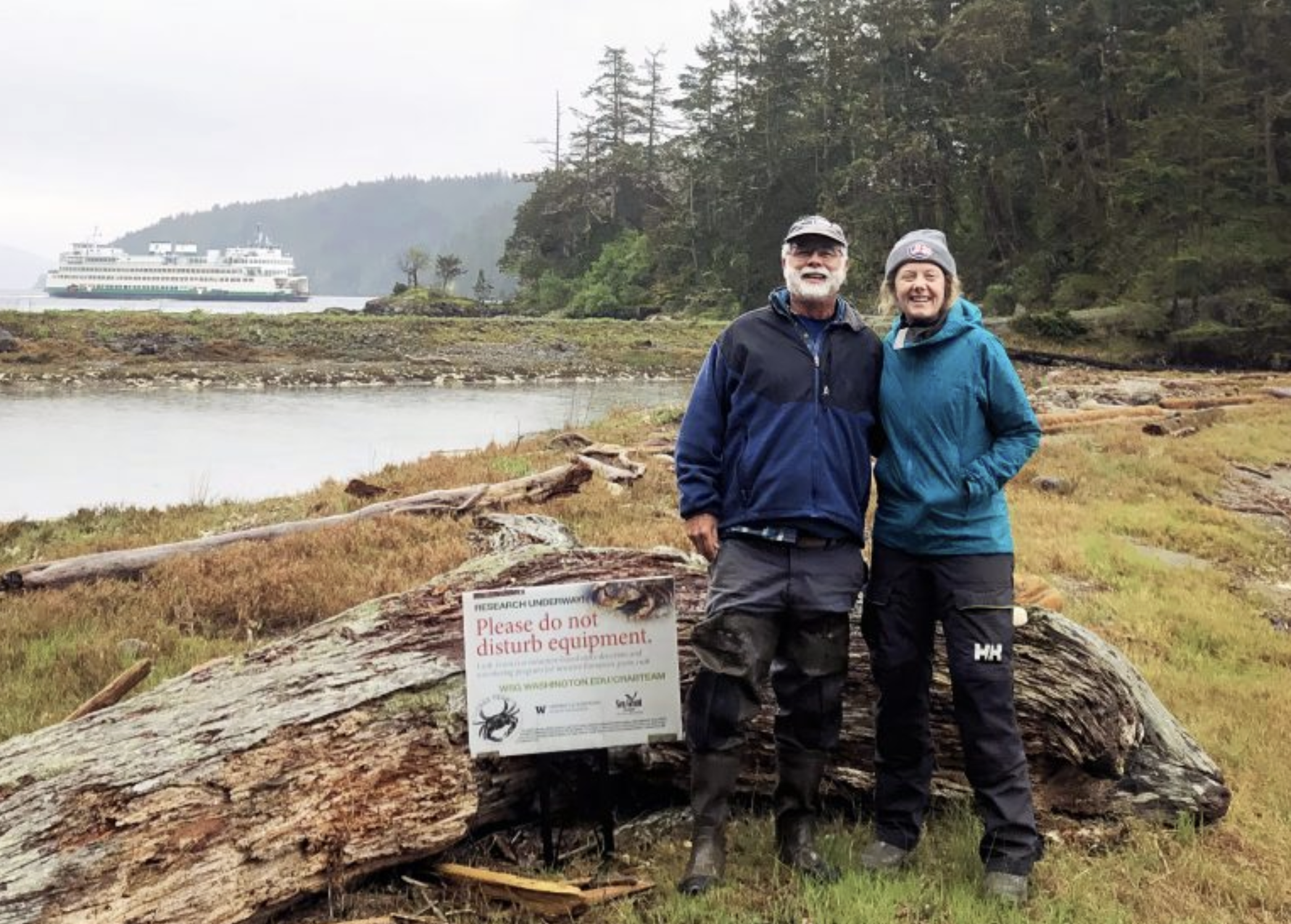 2024GreenCrabStatusSummary_Orcas Crab Team volunteers Ken Carrasco and Julia Soes at Double Cove on Orcas Island. Photo courtesy of Ken Carrasco</p>
<p>