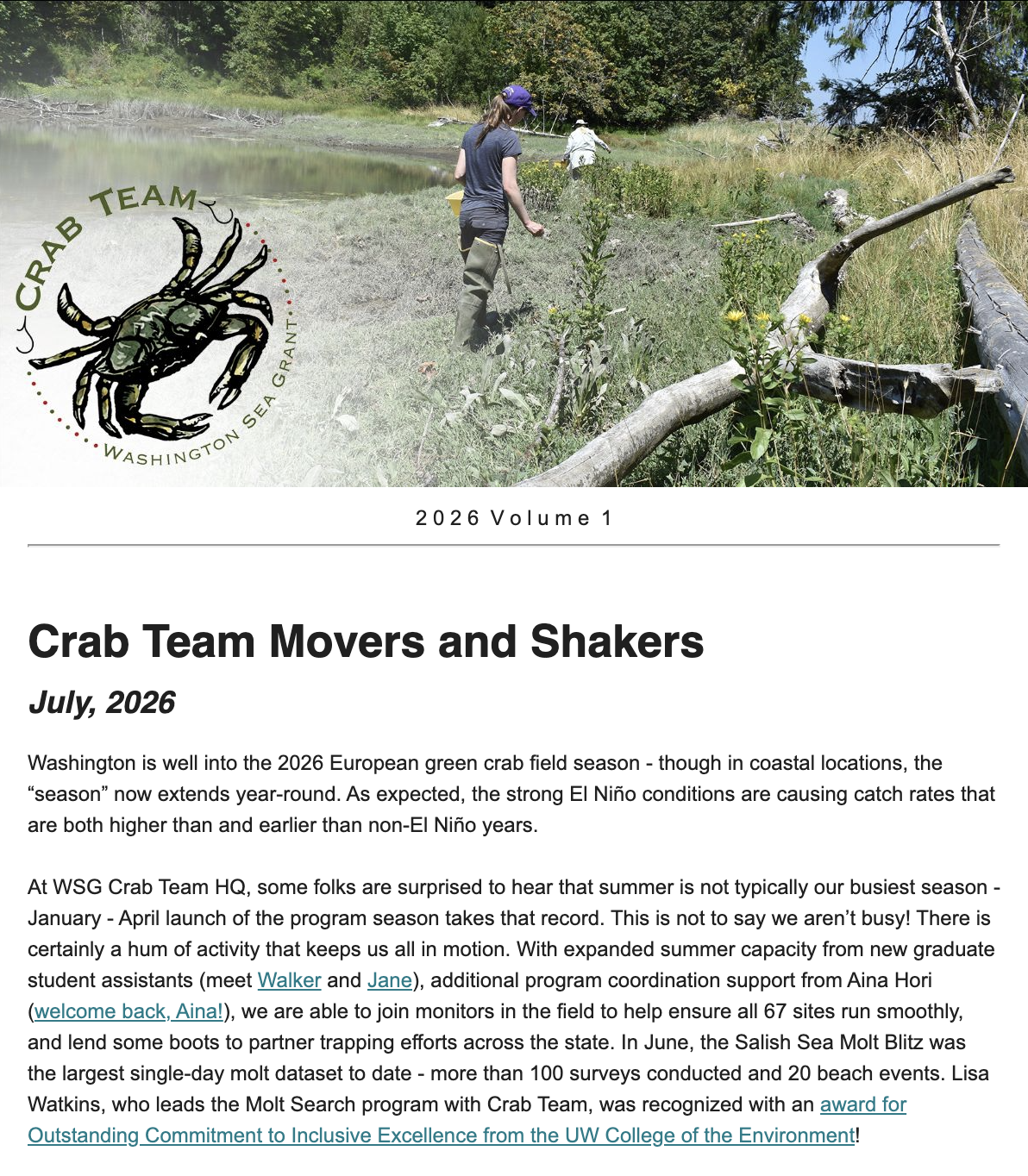 2026 vol 1 newsletter reading "Crab Team Movers and Shakers"