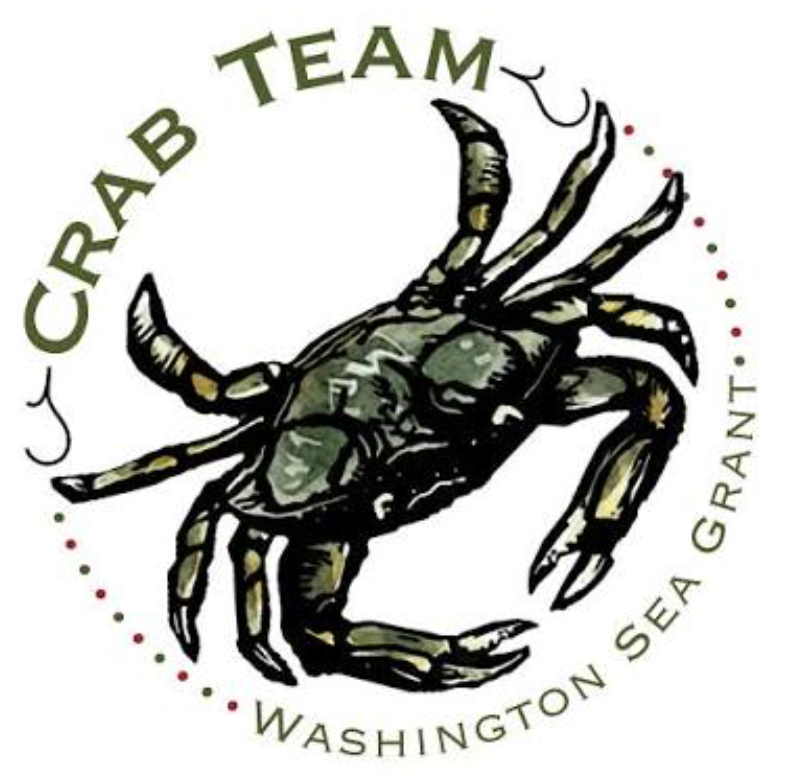 European Green Crab illustration with circular text reading Crab Team Washington Sea Grant