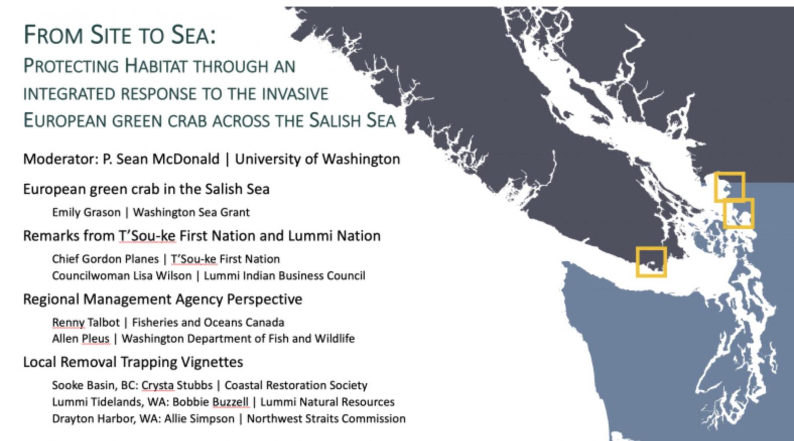 EcoSystemConf_SitetoSea The outline for the panel, listing names and affiliations of all participants. On the map, the three featured removal sites are called out with yellow boxes, from east to west they are Sooke (BC) Drayton (WA) and Lummi Sea Pond (WA).