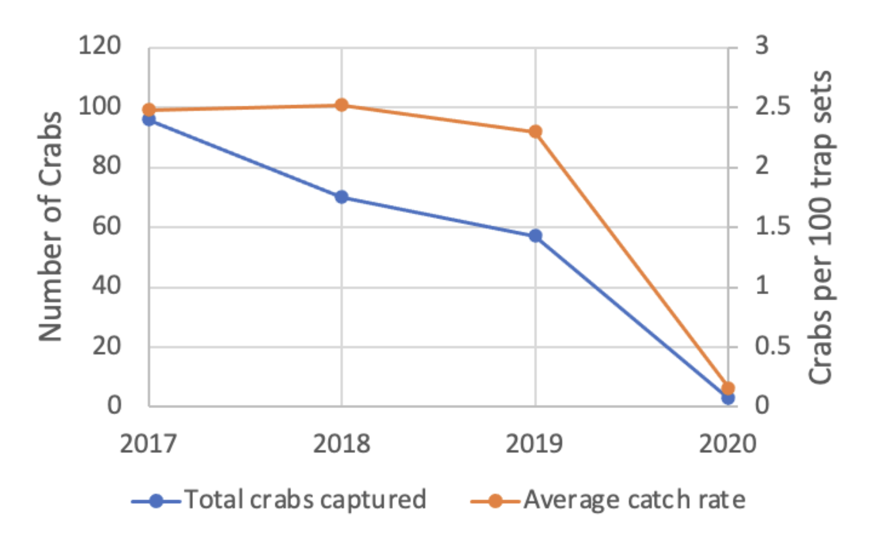 2020SalishSeaUpdate_Fig A graph showing number of green crabs captured declining annually since 2017. The graph also shows a line tracking average capture rate over the same period, which does not show substantial decline until the most recent year.