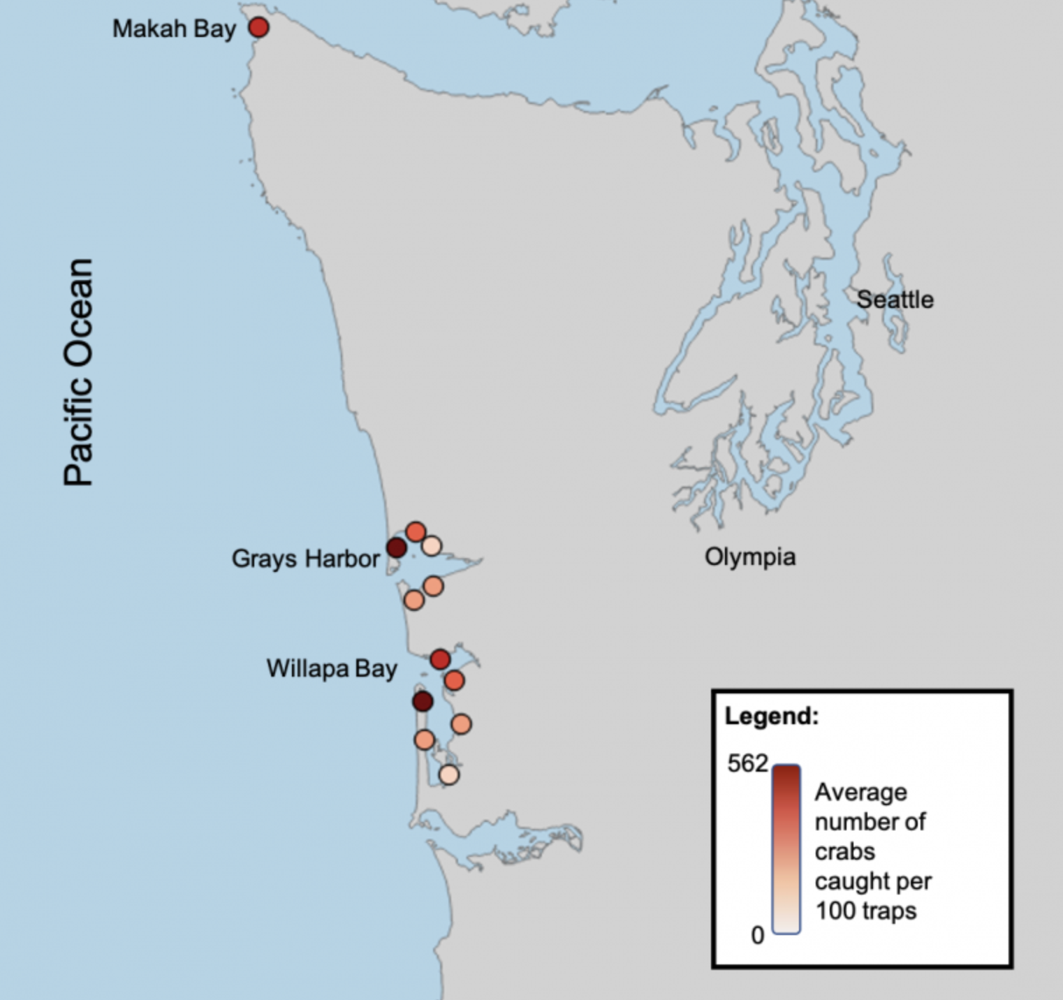 CoastalCrabUpdate_Map A map of coastal Washington with different colored dots along a gradient.
