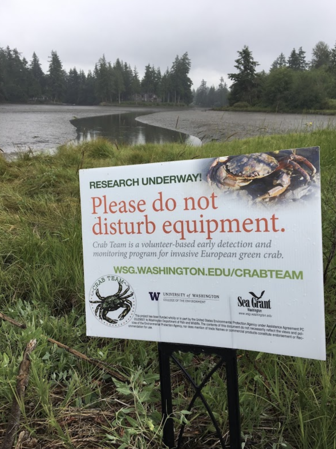 DraytonHarbor_Signage A Washington Sea Grant Crab Team sign posted at the monthly Crab Team monitoring site in Drayton Harbor.</p>
<p>